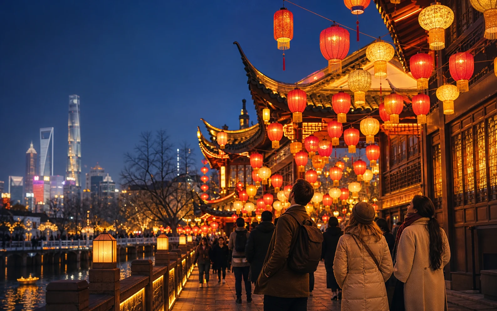 上海传统街区灯会与国际旅行者的夜游画面